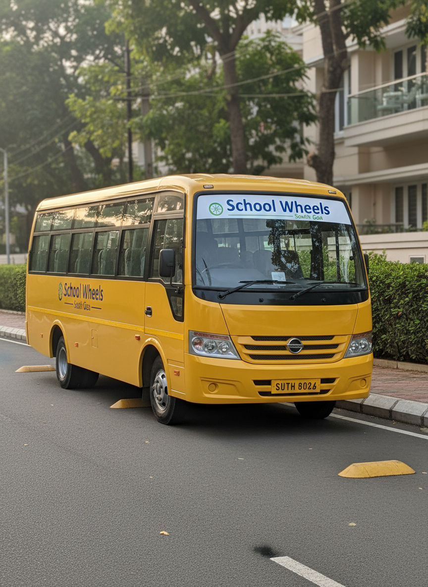 A clean, modern yellow school minibus with a glossy finish and the logo “School Wheels – South Goa” clearly printed on the side, parked neatly at the edge of a quiet residential street. The road is bordered by well-kept hedges, painted curbs, and visible speed humps that emphasize safety. Early morning natural light casts soft, warm highlights along the vehicle’s contours and gentle shadows beneath it. Shot at eye level in photographic realism with a sharp focus on the bus and a slightly blurred background, the composition follows the rule of thirds, conveying reliability, punctuality, and professional school transport services in a calm, orderly neighborhood setting.